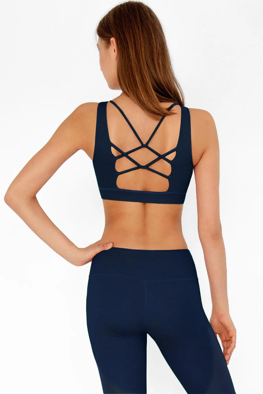 4 for $54 - Navy Blue Kelly Strappy Open-Back Padded Sports Bra - Women