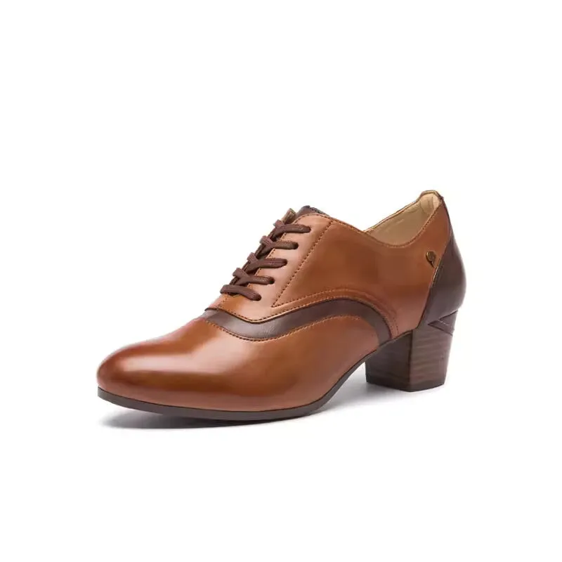 50mm Block Heel Oxfords For Women Full Grain Leather Lace Up Almond Toe in Black/Brown