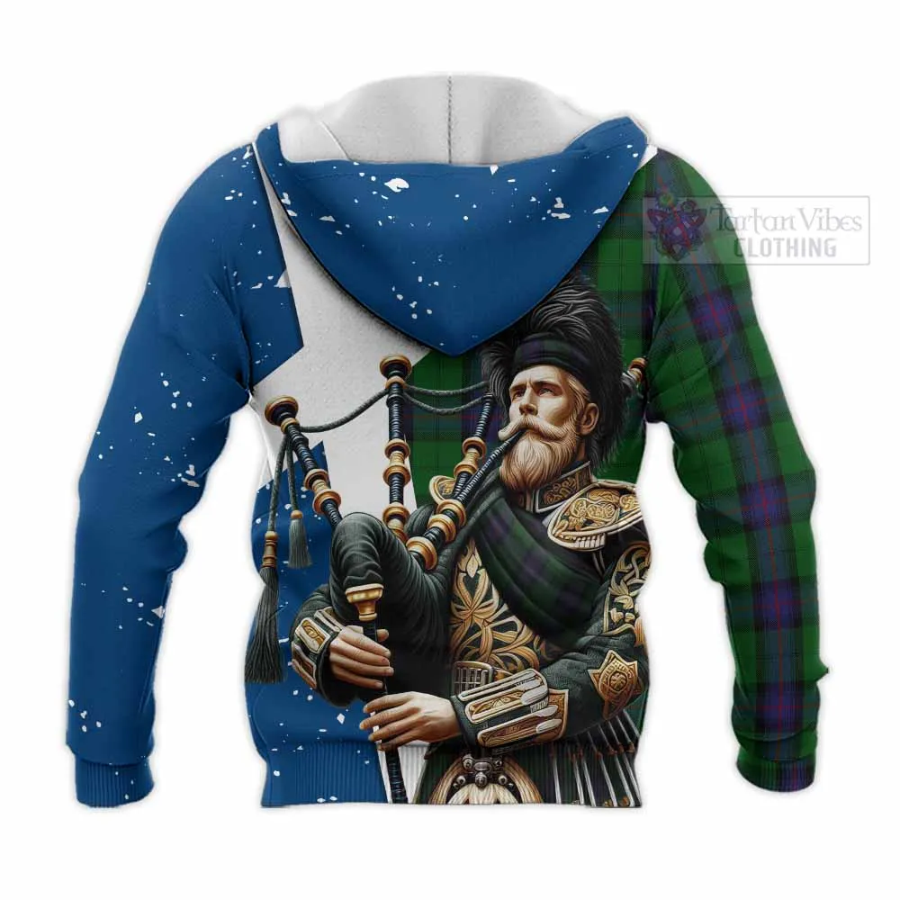 Armstrong Tartan Knitted Hoodie with Family Crest Scottish Bagpiper Vibes