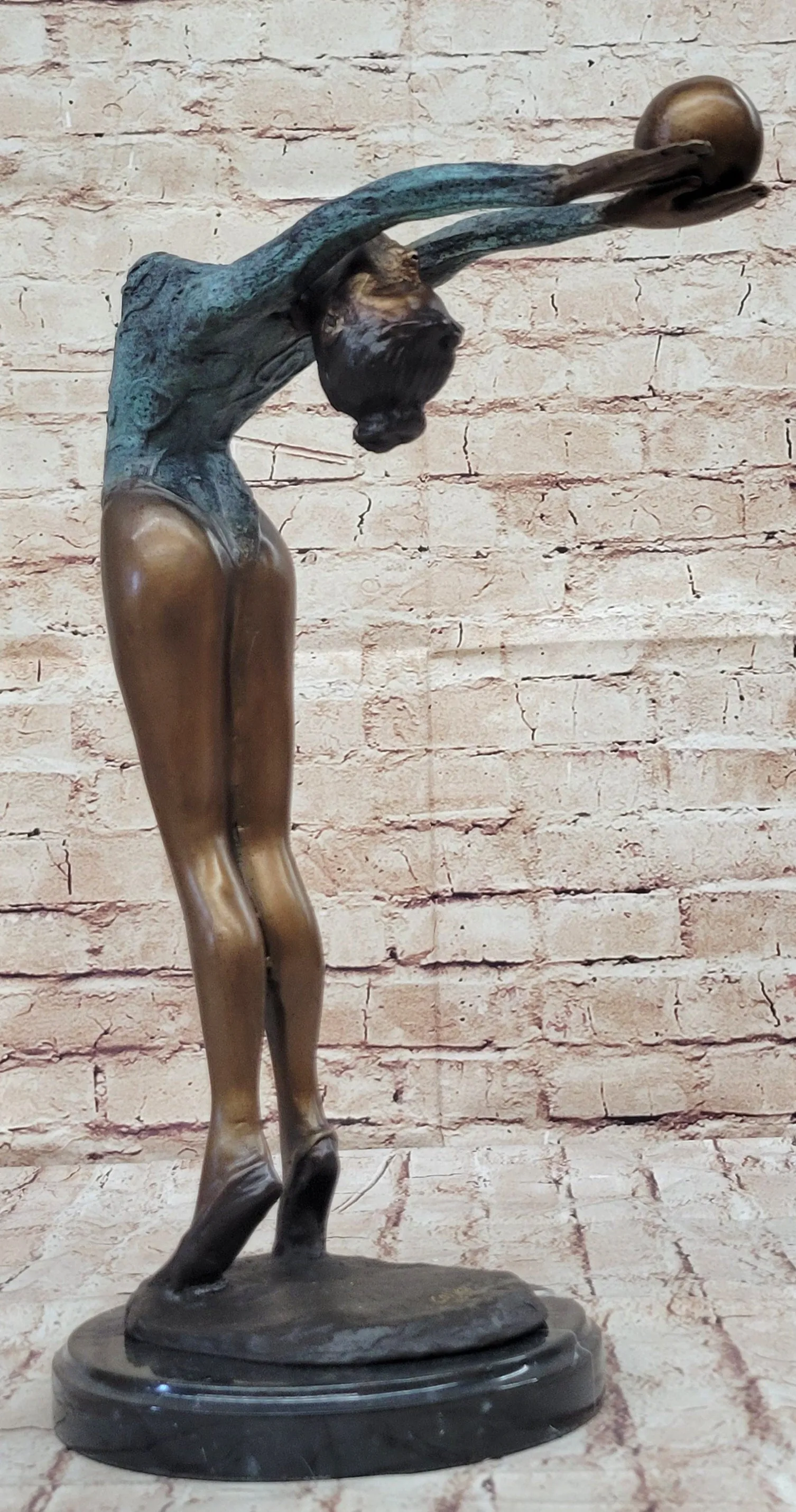 Athlete Gymnast Acrobat Girl Balancing Ball Bronze Statue Sculpture Figure 15" x 11"