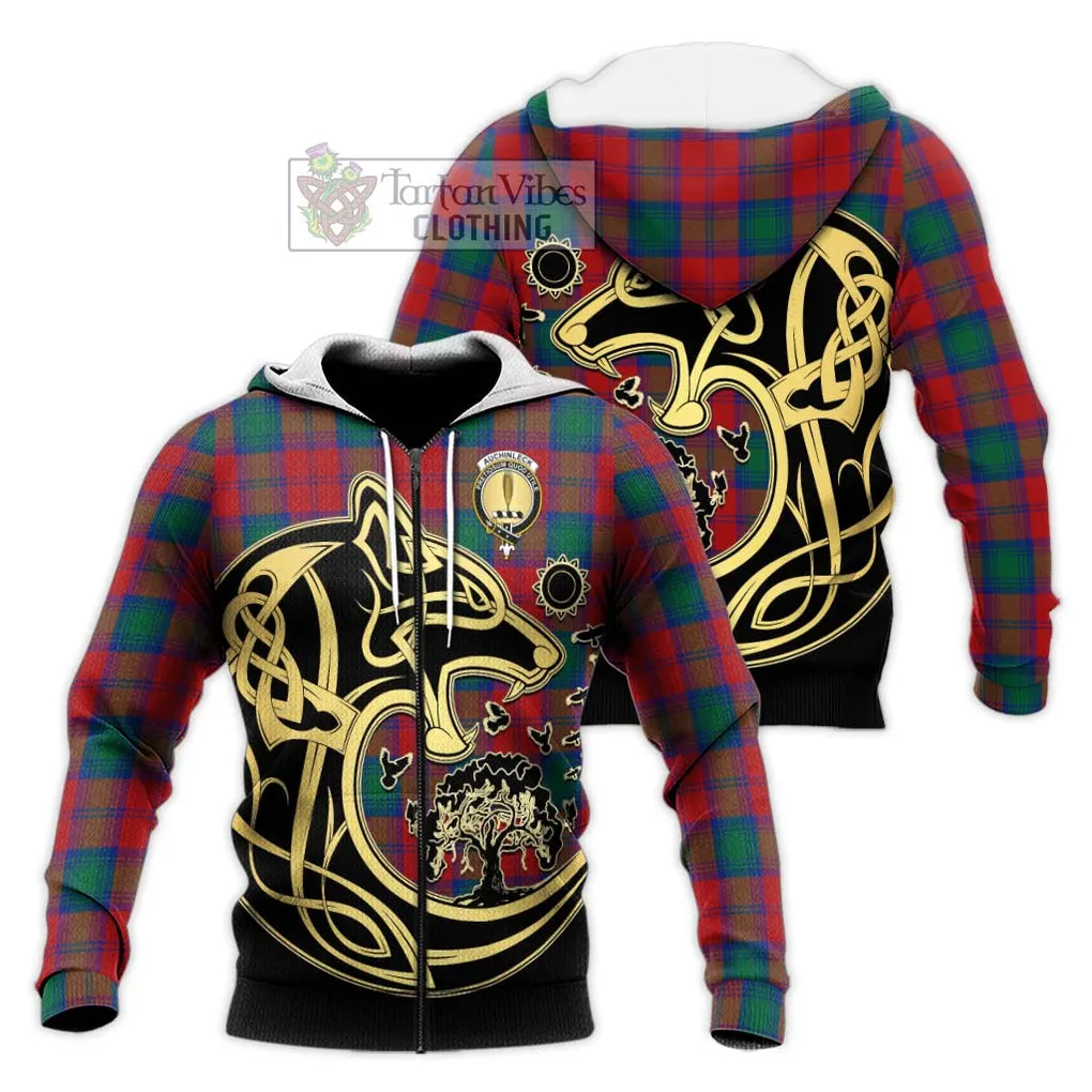 Auchinleck (Affleck) Tartan Knitted Hoodie with Family Crest Celtic Wolf Style