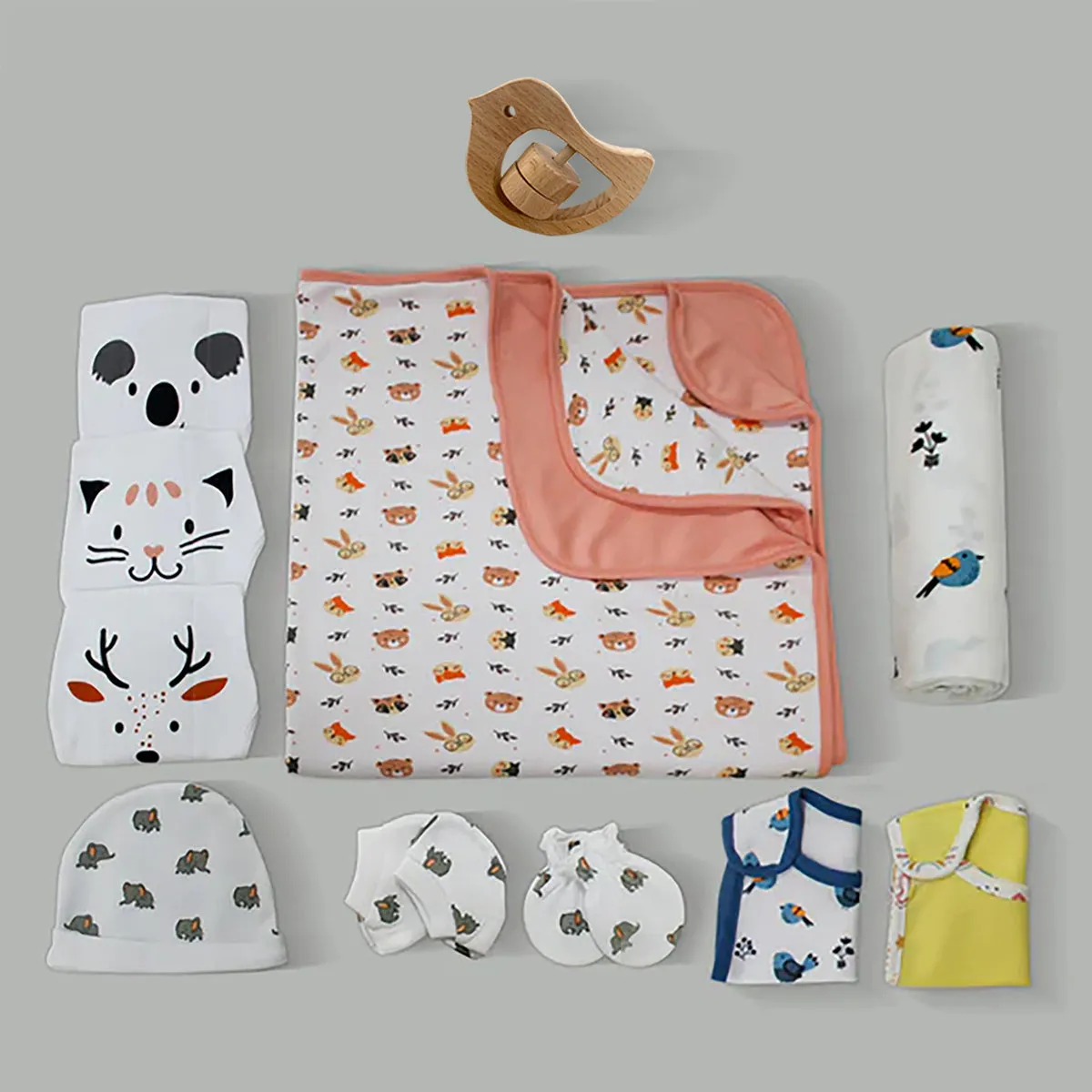 Baby Clothing Essentials Gift Pack | Cozy Cutie Combos | Set of 10 | Free Wooden Rattler