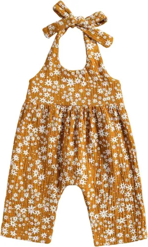 Baby Girls Daisy Playsuits Bodysuit Headband Print Halter Romper Floral Jumpsuit Infant Summer Clothes