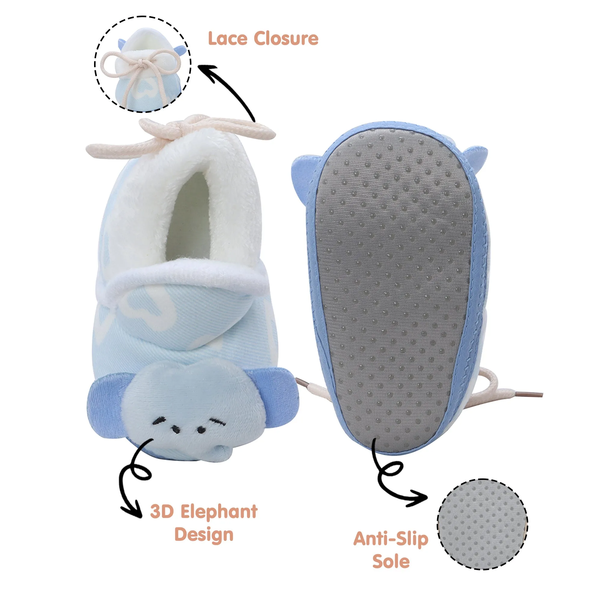 Baby Moo 3D Elephant Soft Slip-On Anti-Skid Plush Warm Booties - Blue