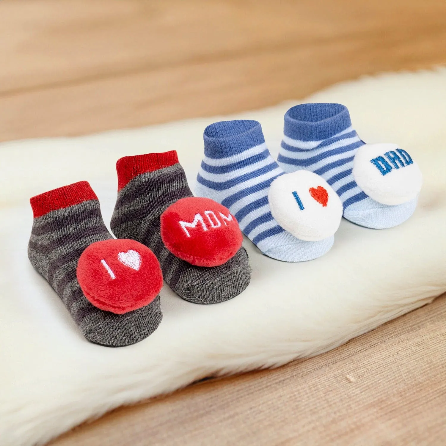 Baby Moo 3D I Love Mom Dad Cotton Ankle Length Fancy Infant Gift Set of 2 Socks Booties - Blue, Red