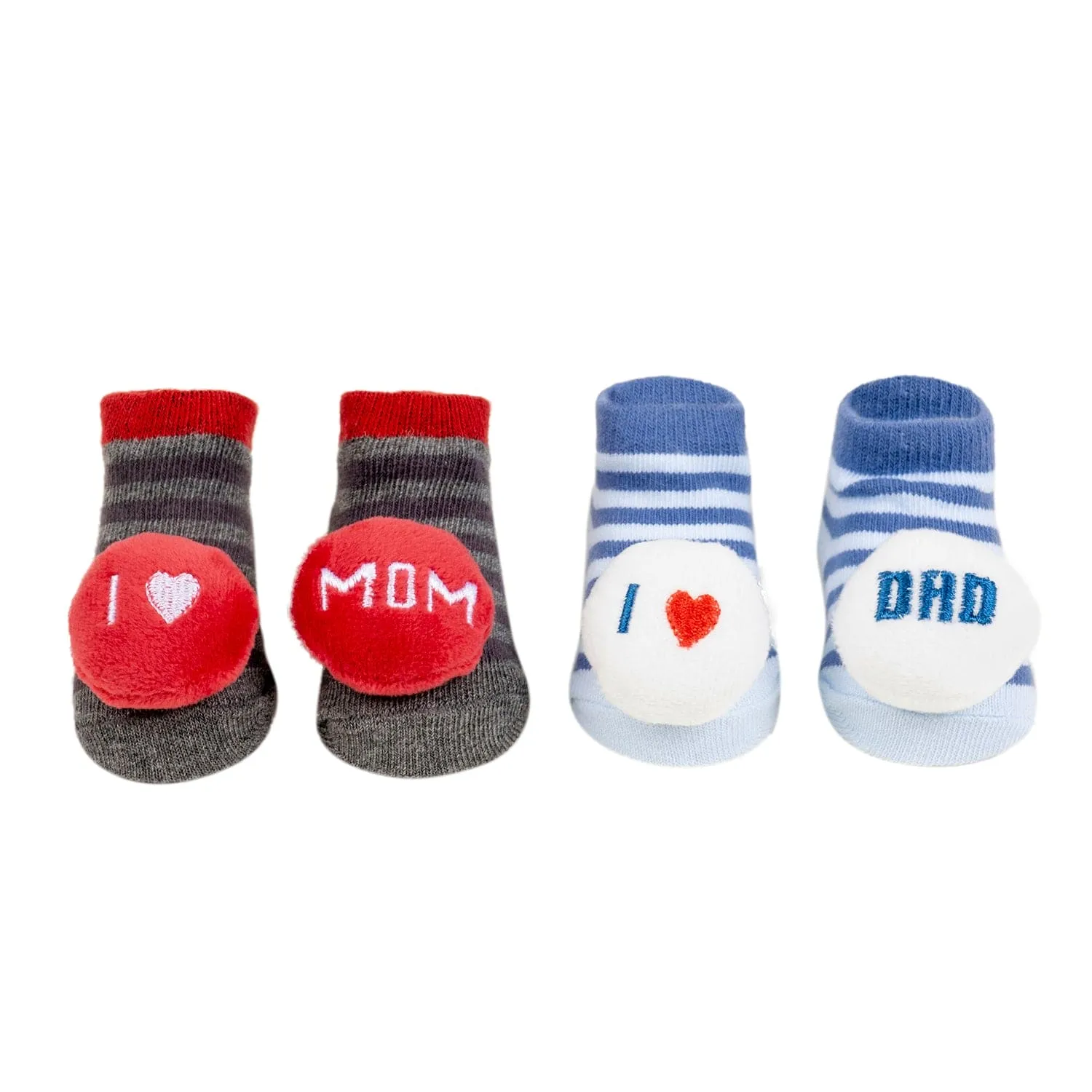 Baby Moo 3D I Love Mom Dad Cotton Ankle Length Fancy Infant Gift Set of 2 Socks Booties - Blue, Red