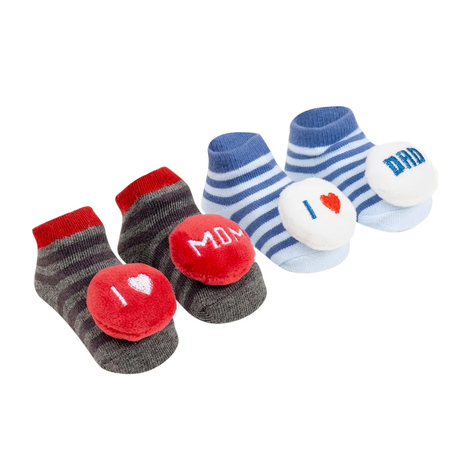 Baby Moo 3D I Love Mom Dad Cotton Ankle Length Fancy Infant Gift Set of 2 Socks Booties - Blue, Red