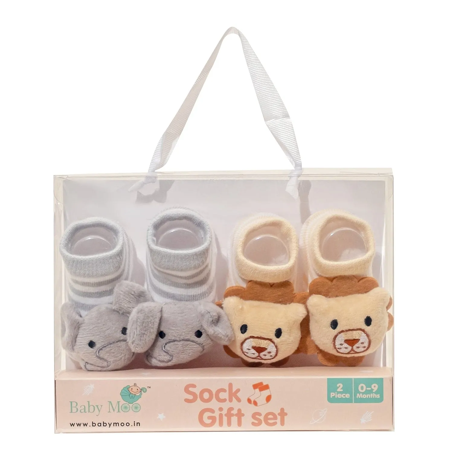 Baby Moo 3D Lion Elephant Cotton Ankle Length Fancy Infant Gift Set of 2 Socks Booties - Grey, Peach