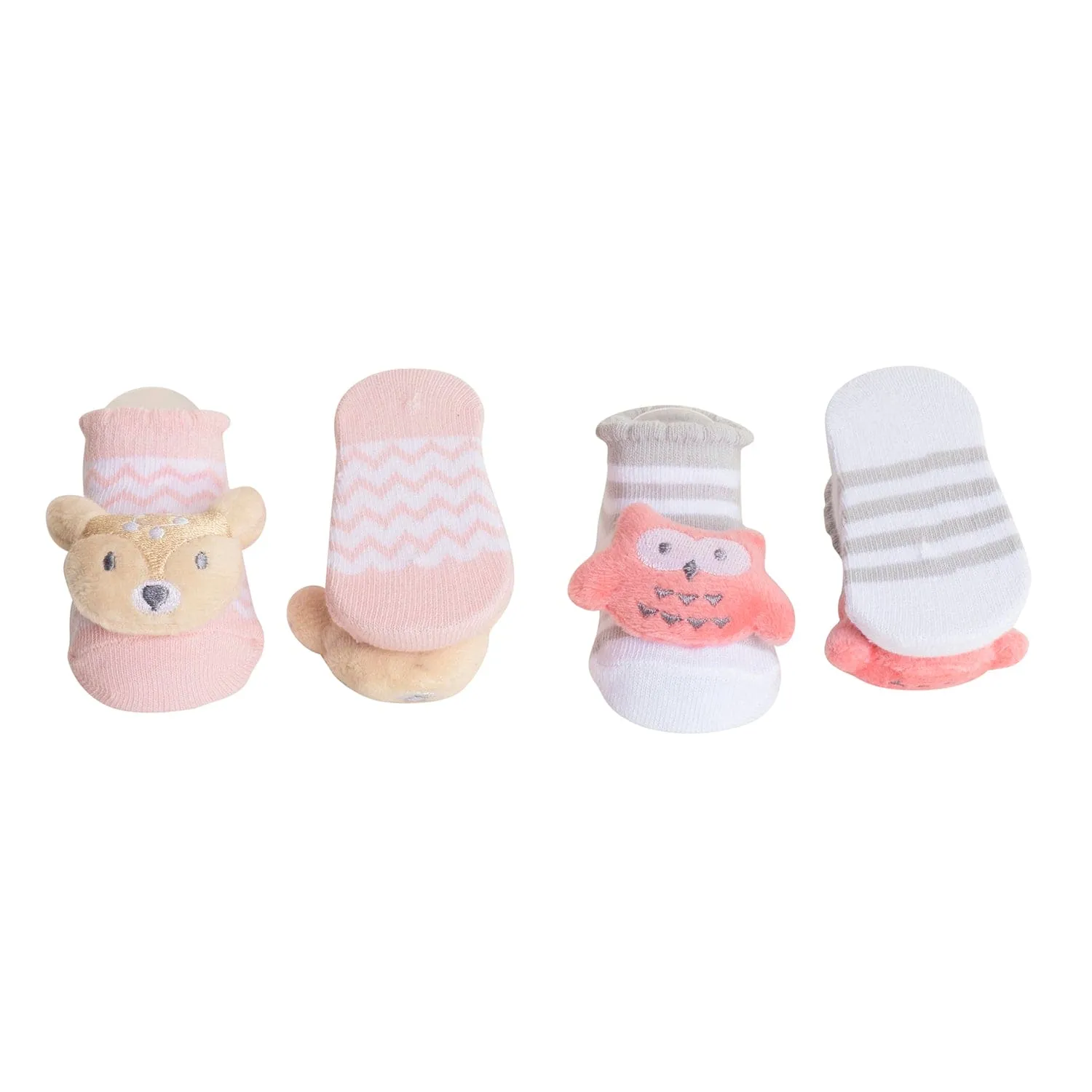 Baby Moo 3D Owl And Teddy Cotton Ankle Length Fancy Infant Gift Set of 2 Socks Booties - Grey, Pink