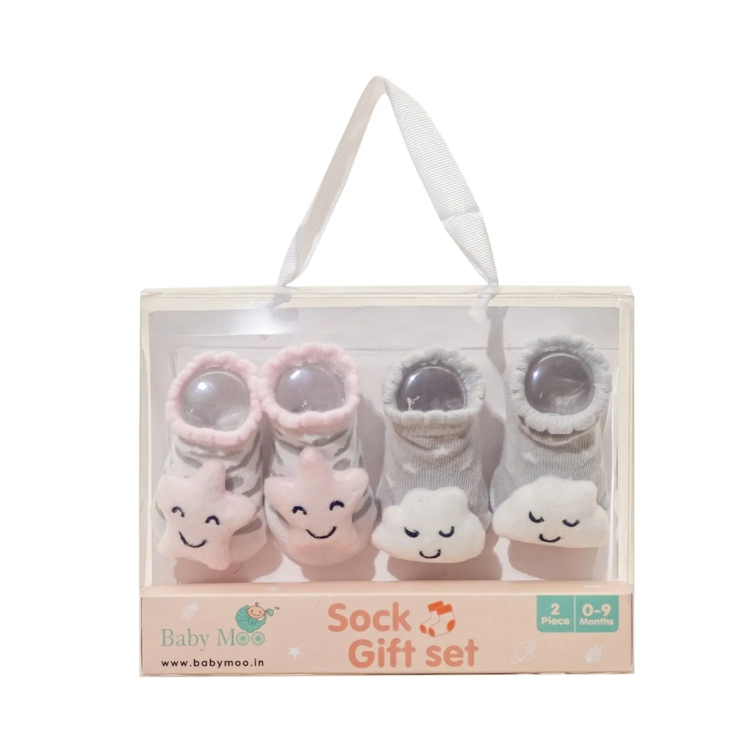 Baby Moo 3D Sleepy Star Cotton Ankle Length Fancy Infant Gift Set of 2 Socks Booties - Grey, Pink