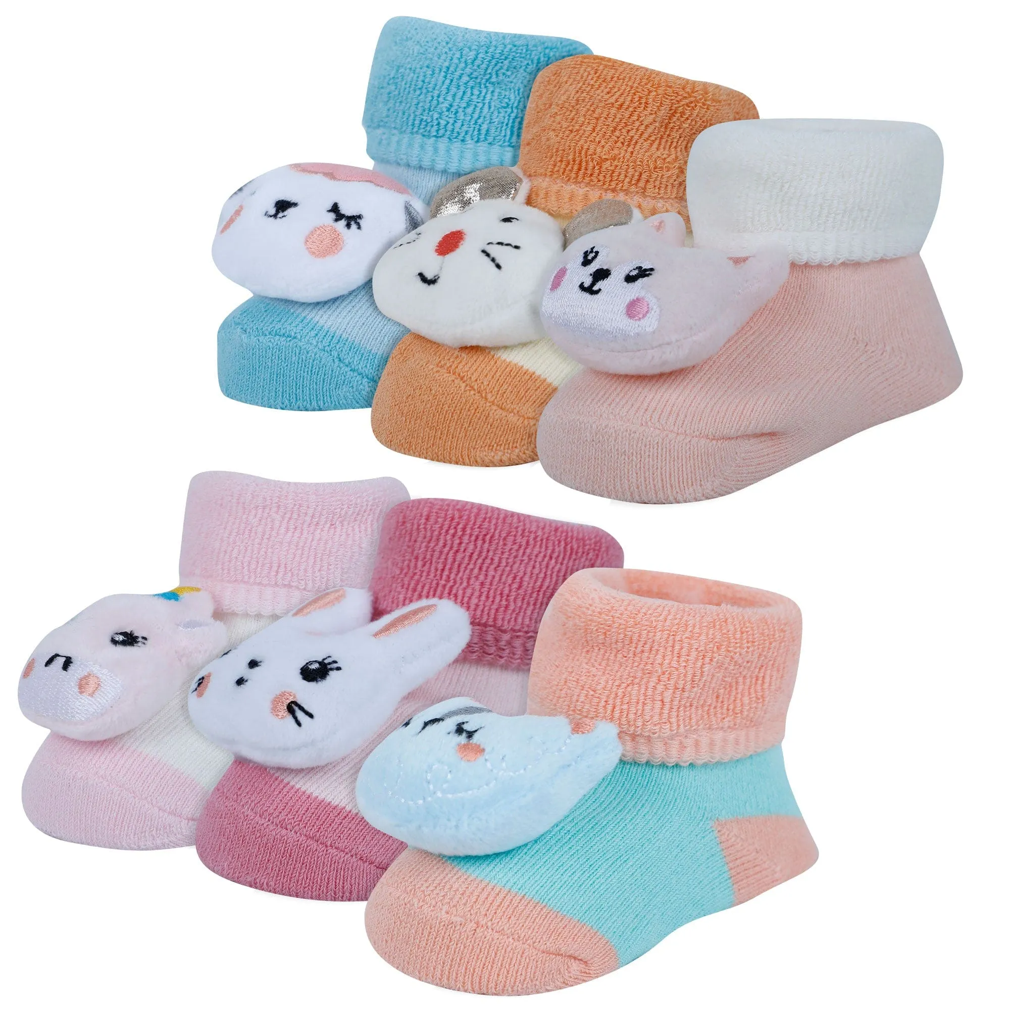 Baby Moo Cute Animals 3D Rattle Anti-Skid Socks Booties Pack of 6 - Pink