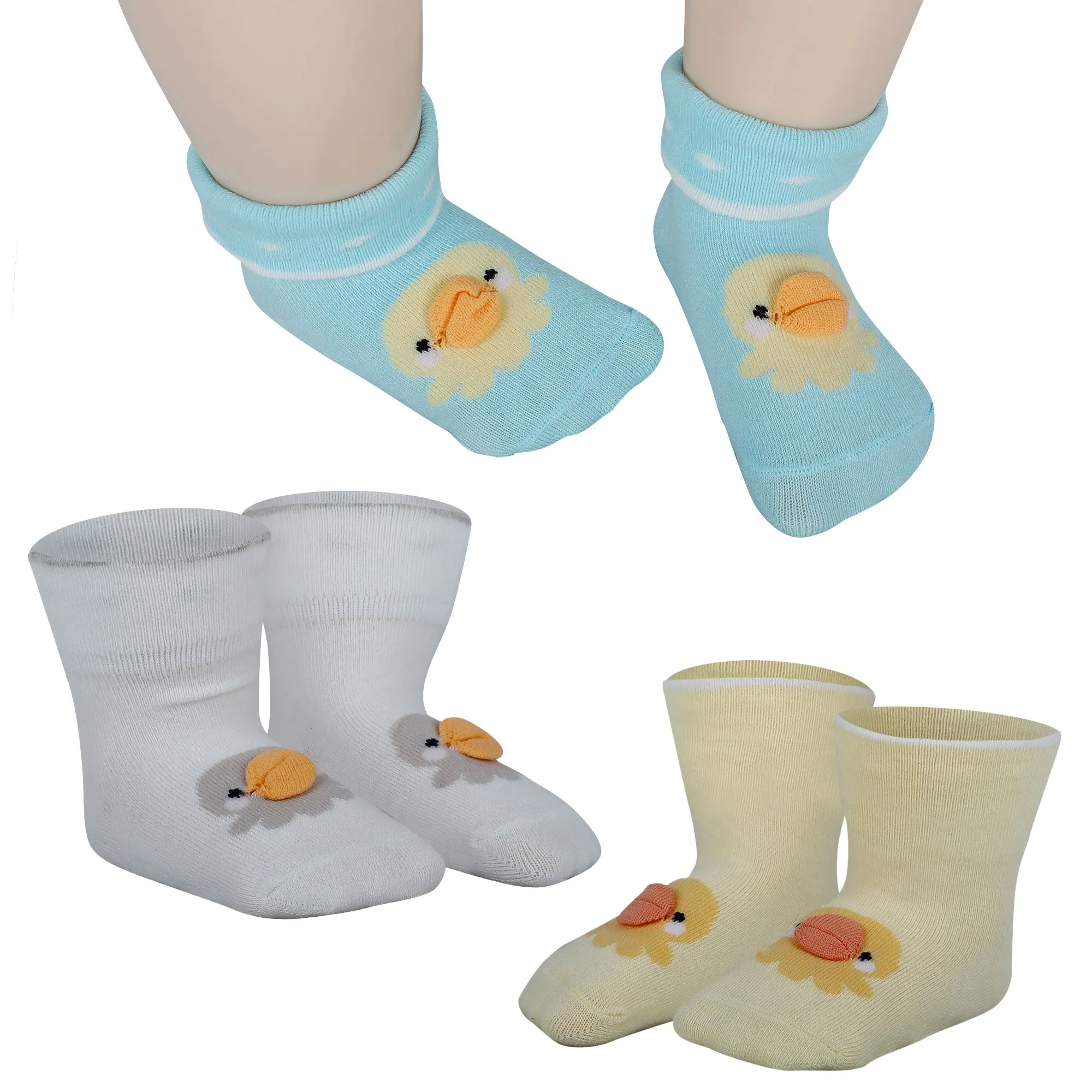 Baby Moo Duck 3D Anti-Skid Socks Booties Pack of 3 - Blue