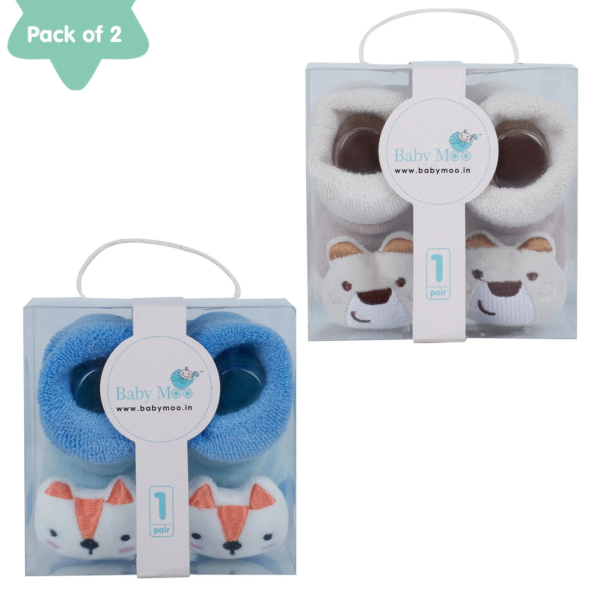 Baby Moo Fox 3D Rattle Anti-Skid Socks Booties Pack of 2 - Beige, Blue