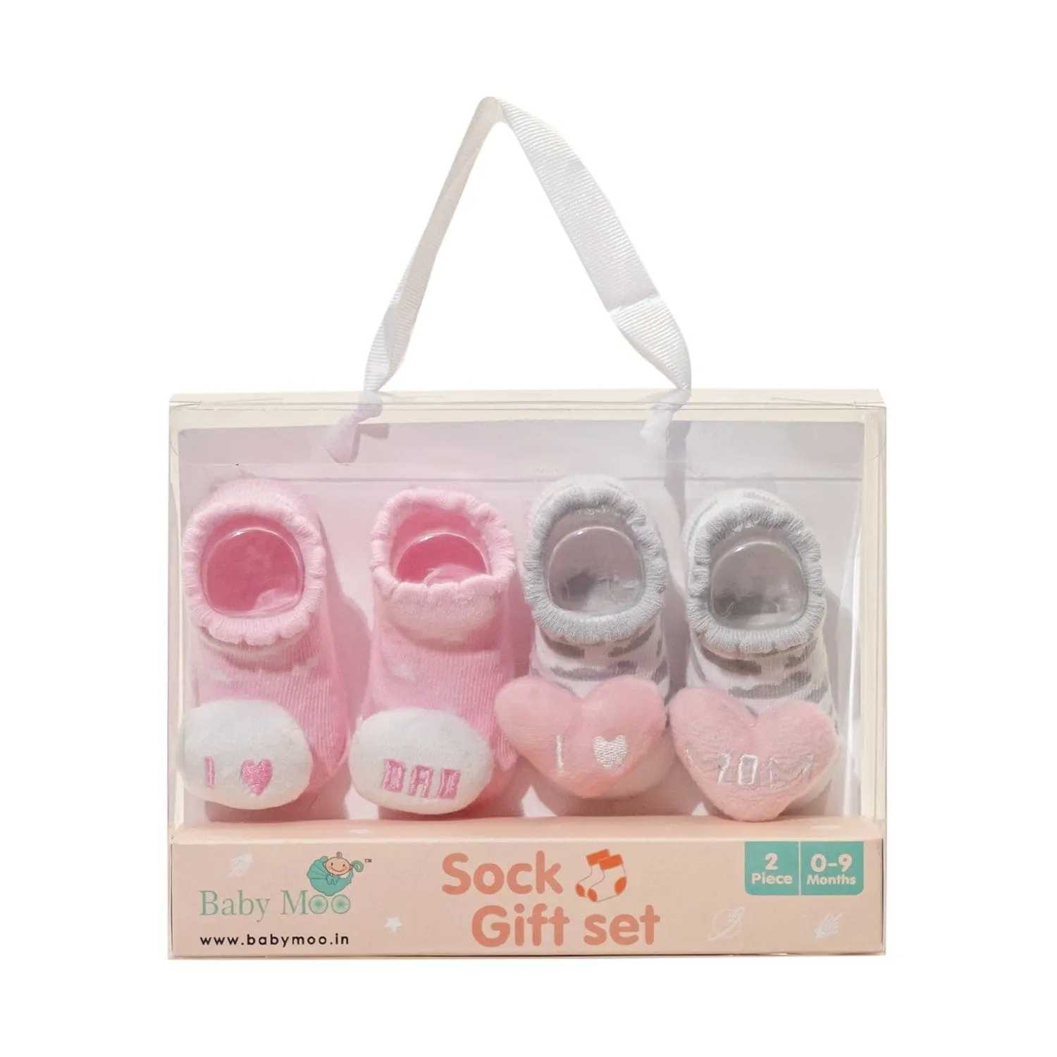 Baby Moo Mom Dad's Heart Cotton 3D Ankle Length Fancy Infant Gift Set of 2 Socks Booties - Pink, Grey