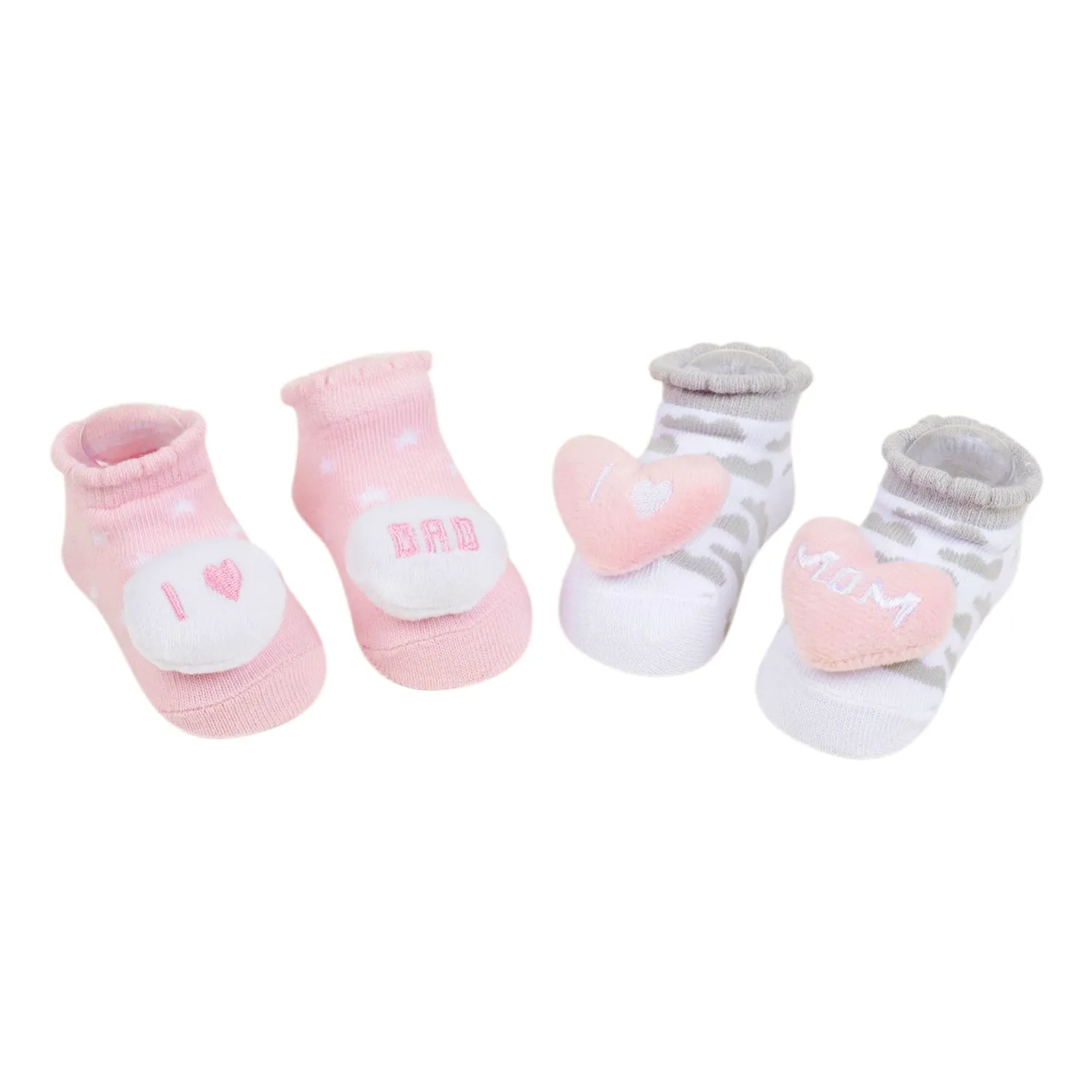 Baby Moo Mom Dad's Heart Cotton 3D Ankle Length Fancy Infant Gift Set of 2 Socks Booties - Pink, Grey