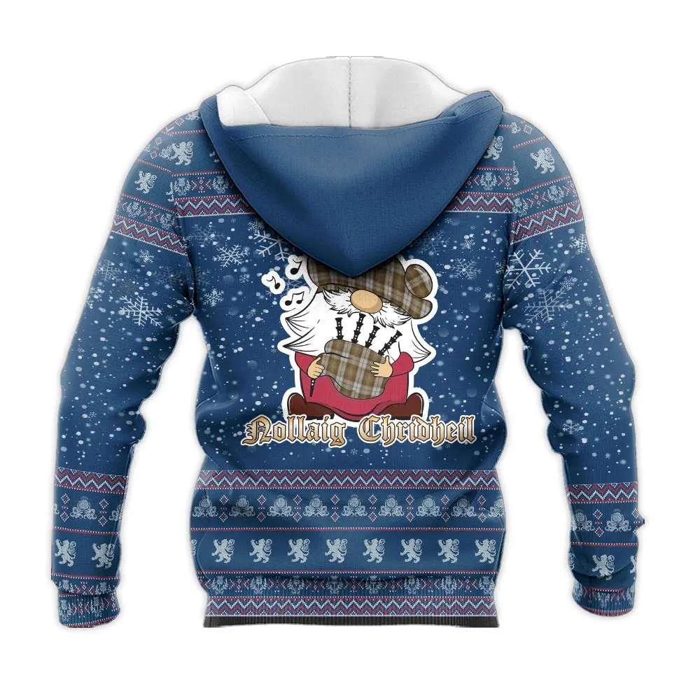 Baillie Dress Clan Christmas Knitted Hoodie with Funny Gnome Playing Bagpipes