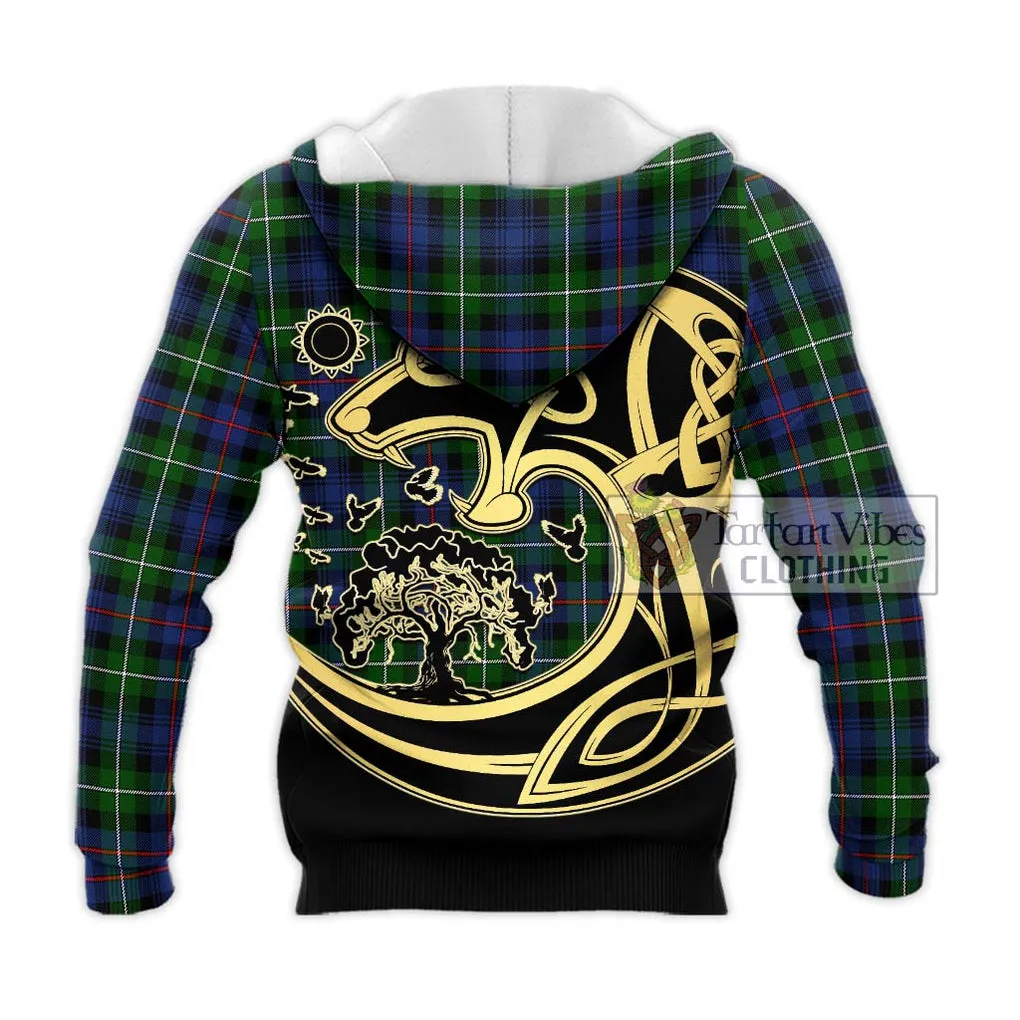 Baillie Tartan Knitted Hoodie with Family Crest Celtic Wolf Style