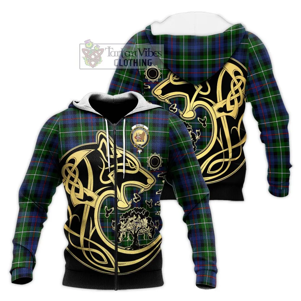 Baillie Tartan Knitted Hoodie with Family Crest Celtic Wolf Style