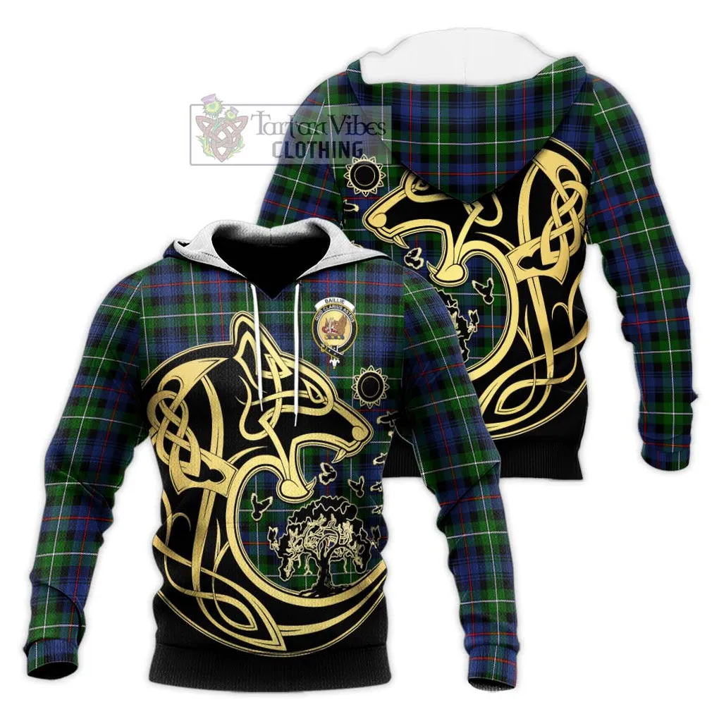 Baillie Tartan Knitted Hoodie with Family Crest Celtic Wolf Style