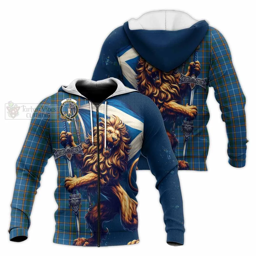 Bain Tartan Family Crest Knitted Hoodie with Scottish Majestic Lion