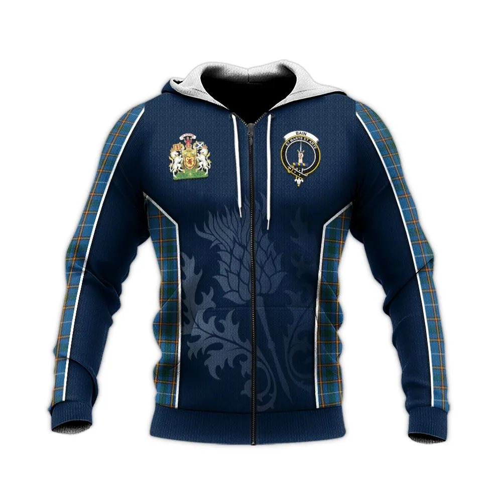 Bain Tartan Knitted Hoodie with Family Crest and Scottish Thistle Vibes Sport Style