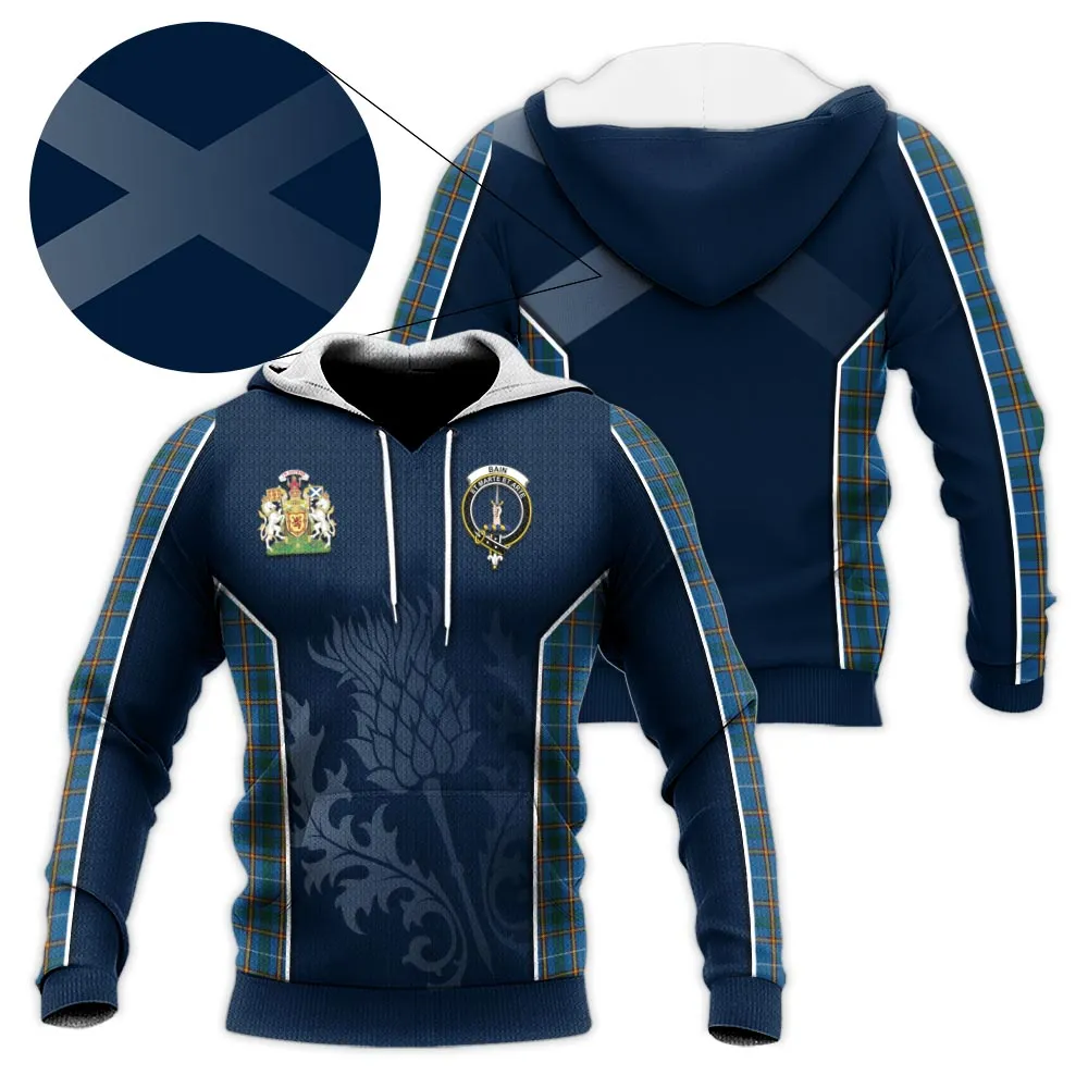 Bain Tartan Knitted Hoodie with Family Crest and Scottish Thistle Vibes Sport Style