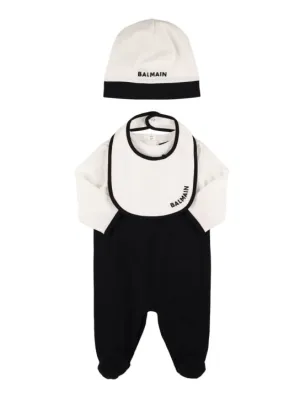 Balmain   Cotton jersey romper, hat &amp; bib 