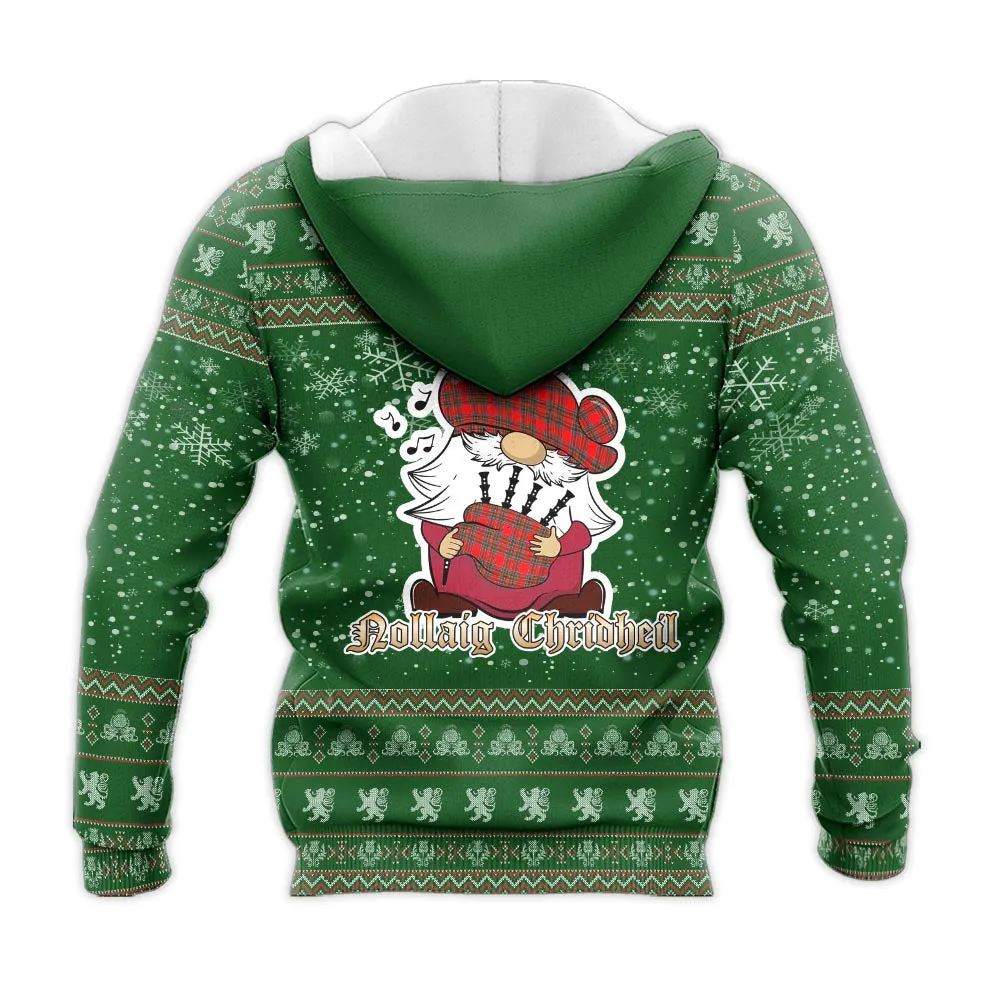 Binning Clan Christmas Knitted Hoodie with Funny Gnome Playing Bagpipes