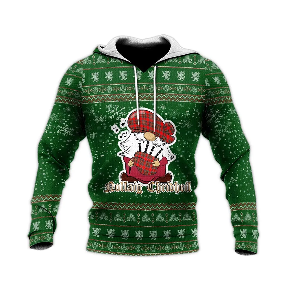 Binning Clan Christmas Knitted Hoodie with Funny Gnome Playing Bagpipes