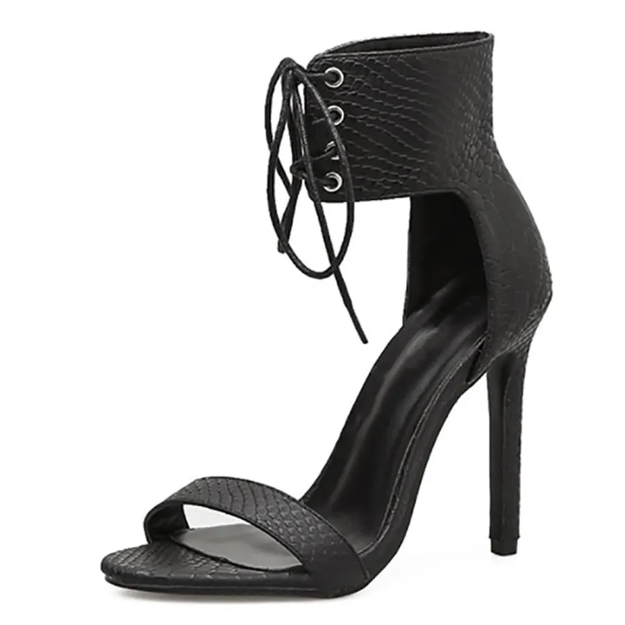 Black Lace Up Heels Sandals| Thick Ankle Strap Heels Open Toe Sandal White