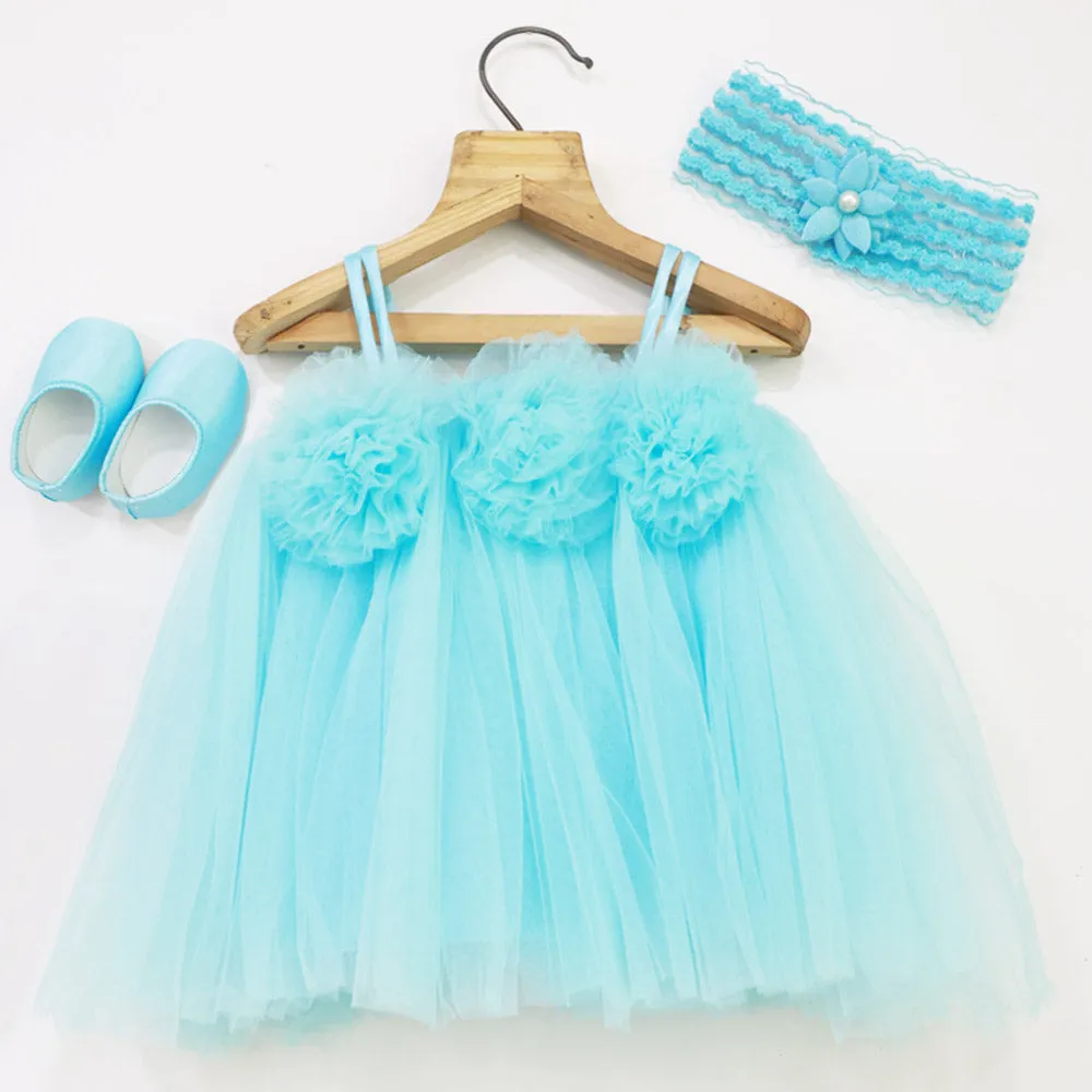 Blue Net Party Dress With Booties & Headband