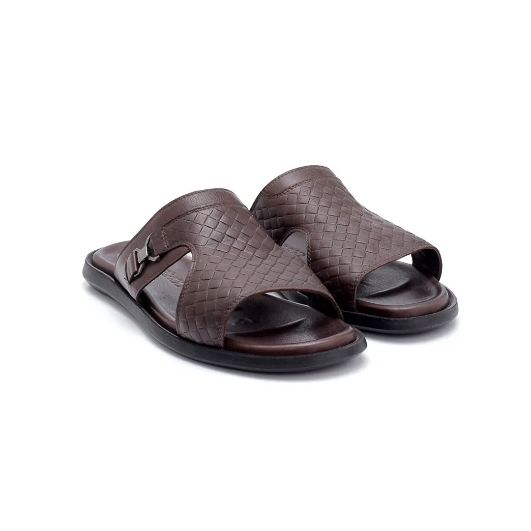 Brown Men Leather Printed Slipper