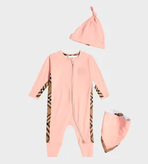 Check Trim Cotton Three-piece Baby Gift Set Pink