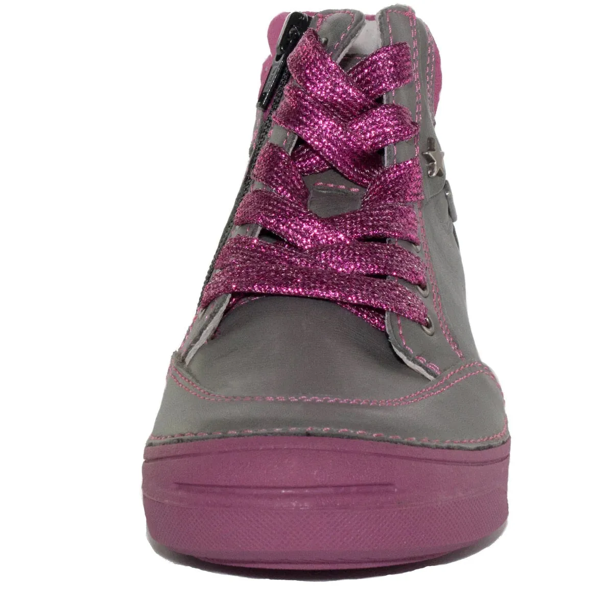 D.D. Step Big Kid Girl High-Top Shoes Grey With Pink - Supportive Leather From Europe Kids Orthopedic