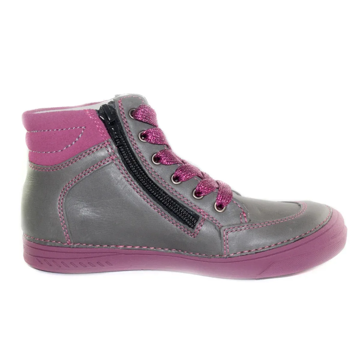 D.D. Step Big Kid Girl High-Top Shoes Grey With Pink - Supportive Leather From Europe Kids Orthopedic