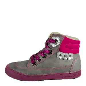 D.D. Step Big Kid Girl Shoes/Winter Boots With Faux Fur Insulation Grey Neon Pink And Silver Flowers - Supportive Leather Shoes From Europe Kids Orthopedic