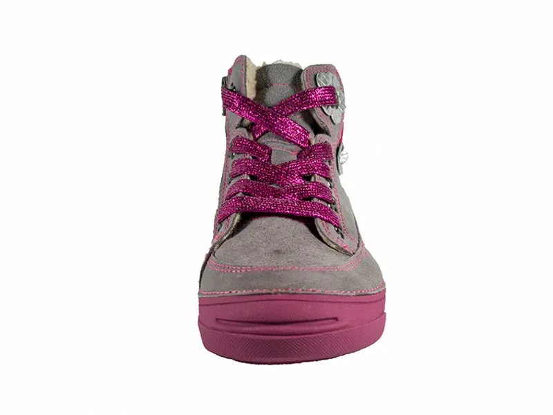 D.D. Step Big Kid Girl Shoes/Winter Boots With Faux Fur Insulation Grey Neon Pink And Silver Flowers - Supportive Leather Shoes From Europe Kids Orthopedic