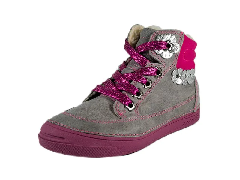 D.D. Step Big Kid Girl Shoes/Winter Boots With Faux Fur Insulation Grey Neon Pink And Silver Flowers - Supportive Leather Shoes From Europe Kids Orthopedic