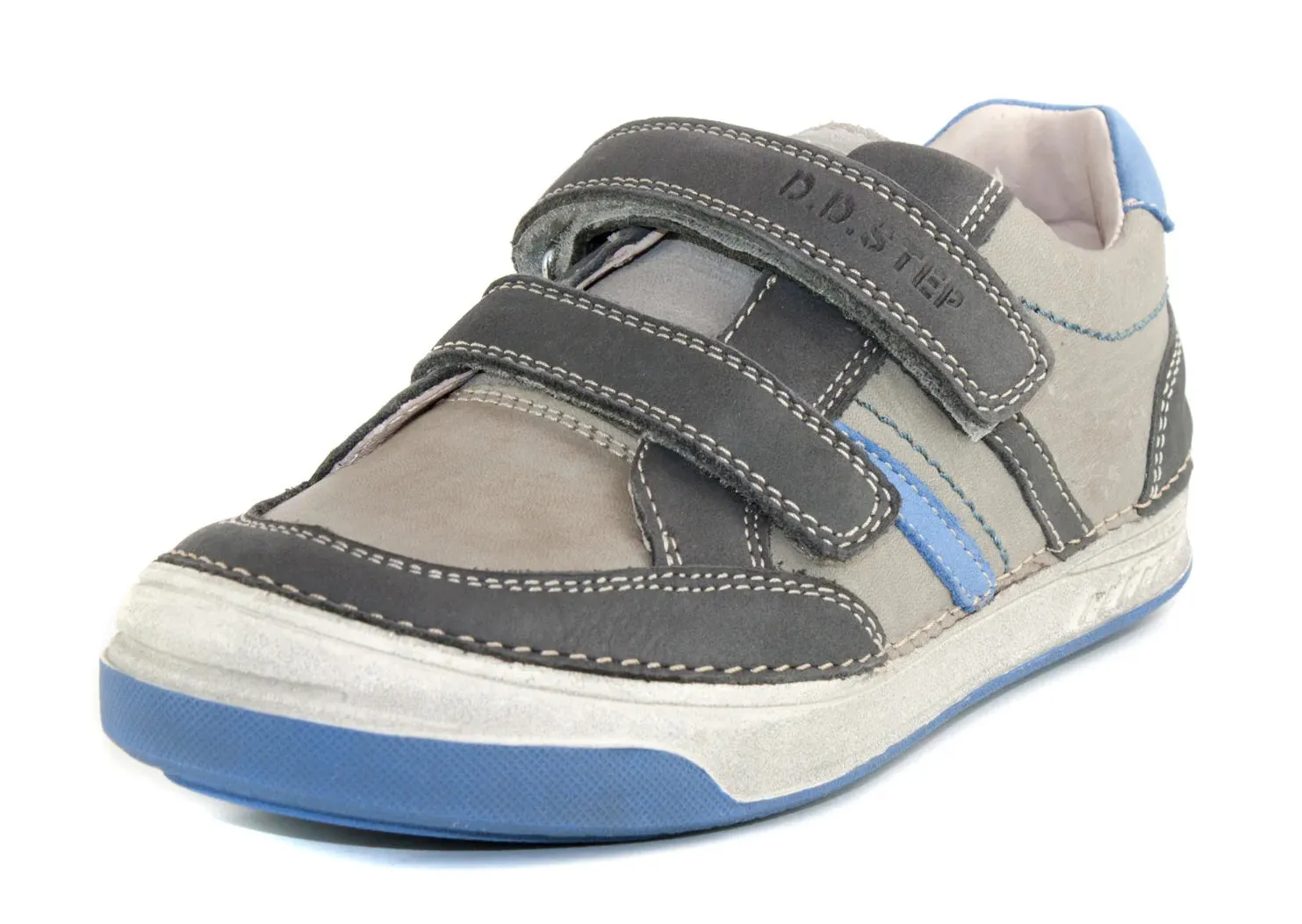 D.D. Step Little Kid Boy Shoes Grey With Blue And Black Stripes - Supportive Leather From Europe Kids Orthopedic