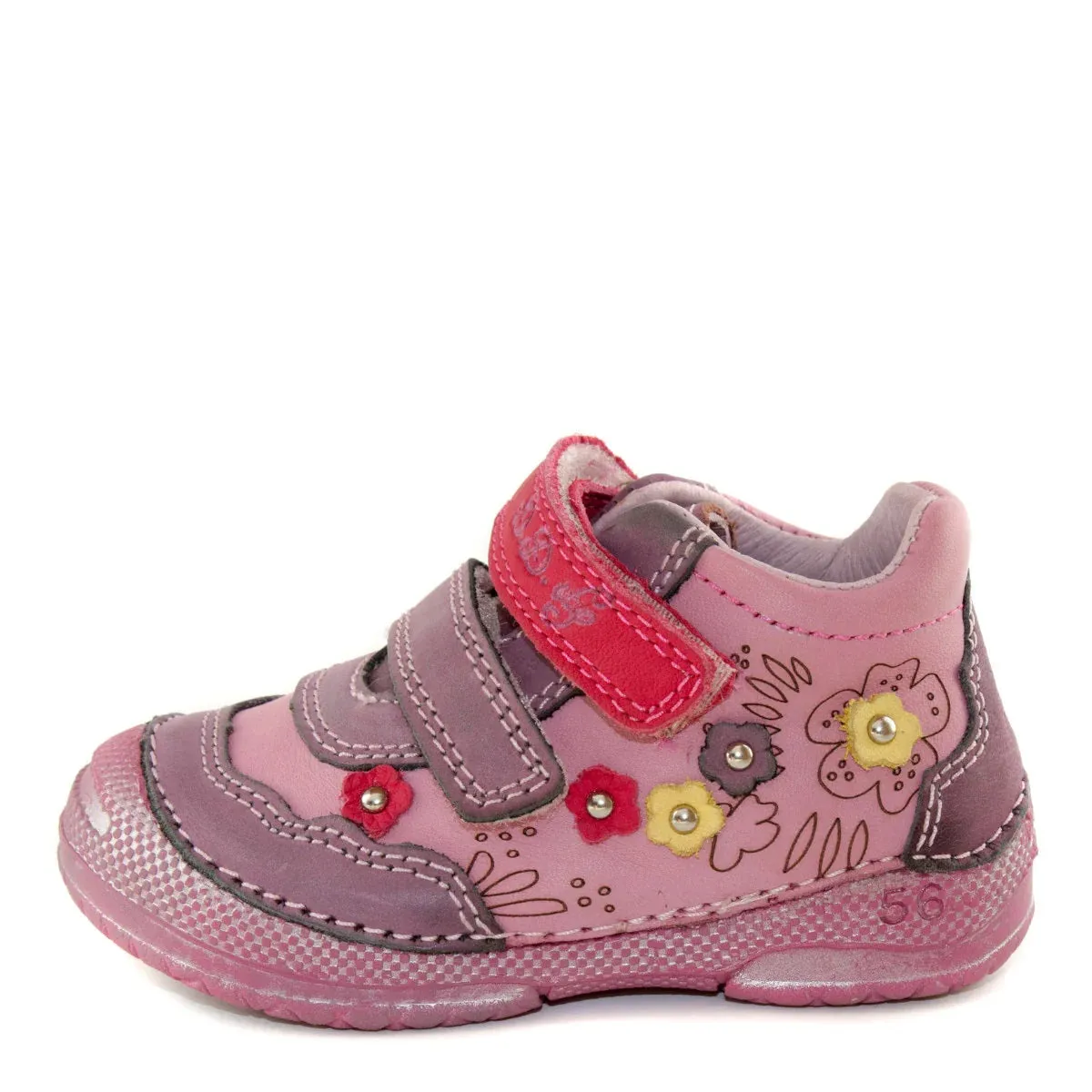 D.D. Step Toddler Girl Shoes Dark Pink And Purple With Drawings Flowers - Supportive Leather From Europe Kids Orthopedic