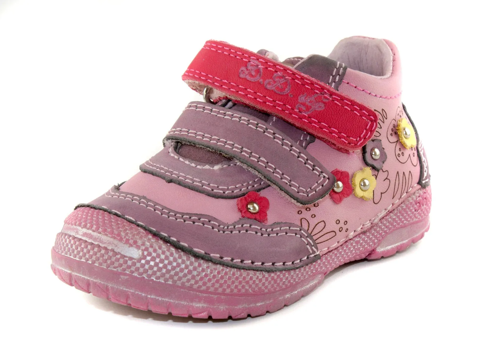 D.D. Step Toddler Girl Shoes Dark Pink And Purple With Drawings Flowers - Supportive Leather From Europe Kids Orthopedic