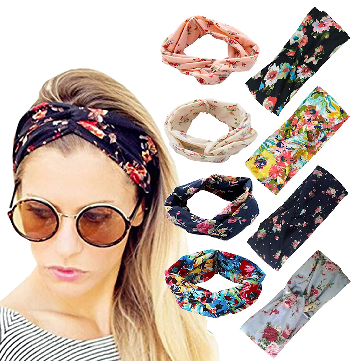 DRESHOW 8 Pack Make up Headbands for Women Knit Vintage Cross Elastic Head Wrap Hair Accessories