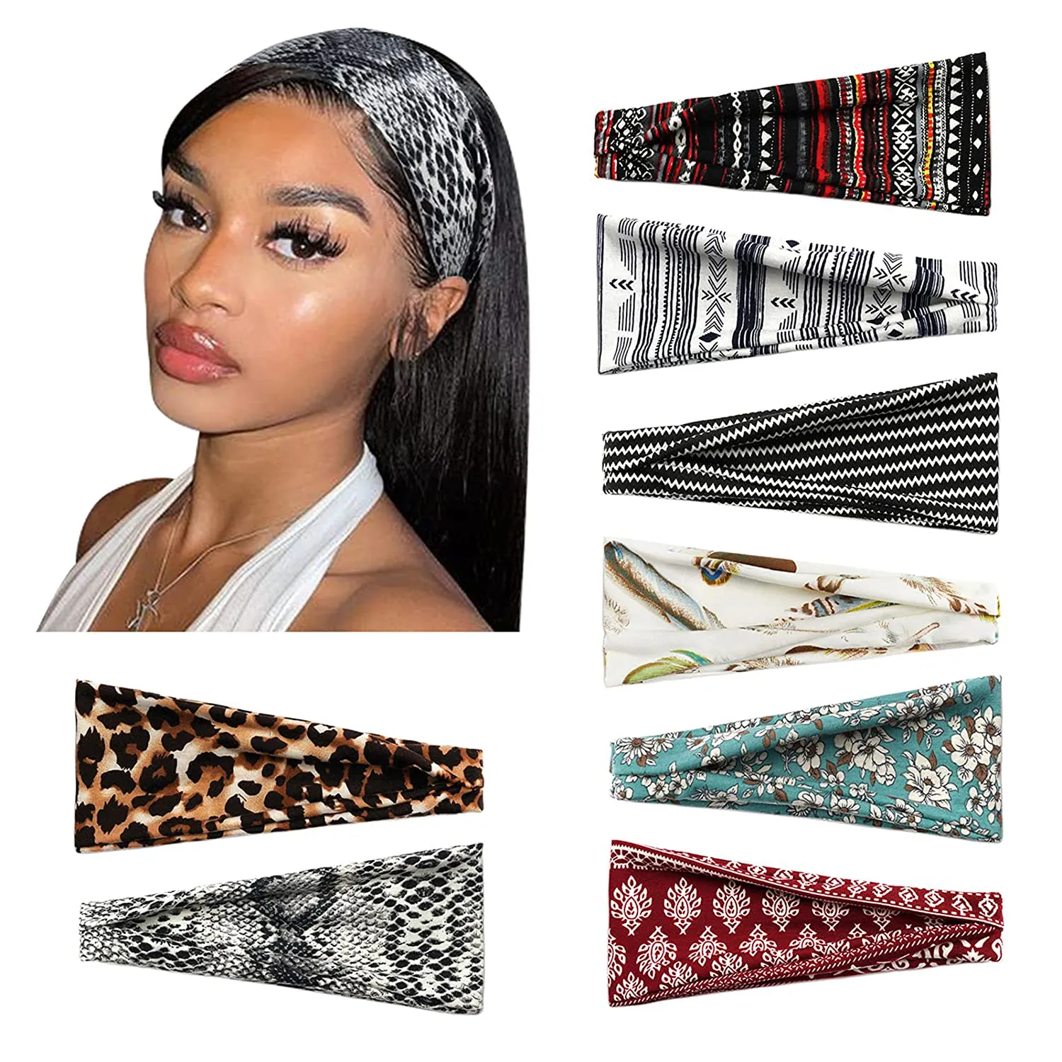 DRESHOW 8 Pack Make up Headbands for Women Knit Vintage Cross Elastic Head Wrap Hair Accessories