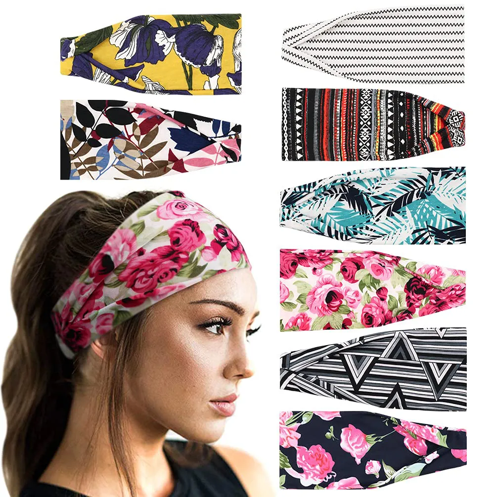 DRESHOW 8 Pack Make up Headbands for Women Knit Vintage Cross Elastic Head Wrap Hair Accessories