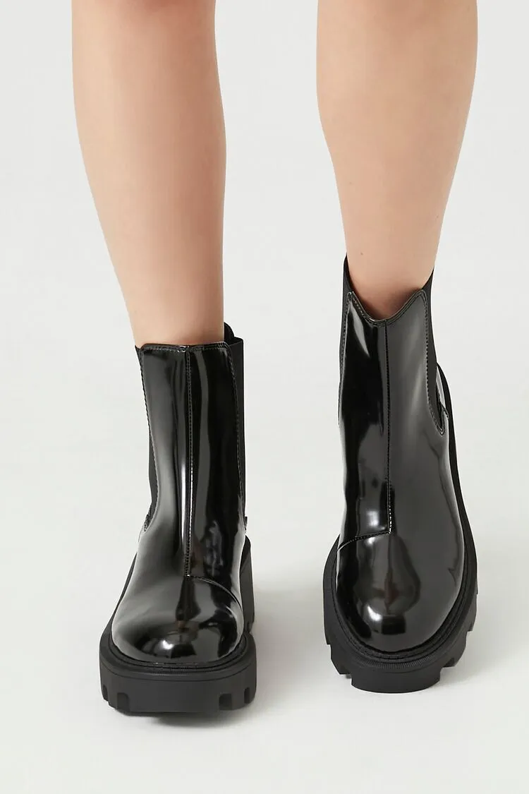 Faux Patent Leather Lug-Sole Booties