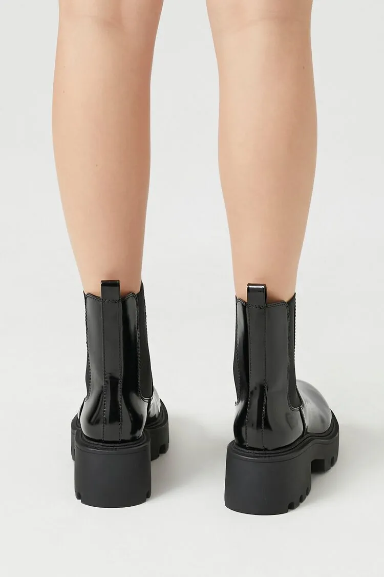 Faux Patent Leather Lug-Sole Booties