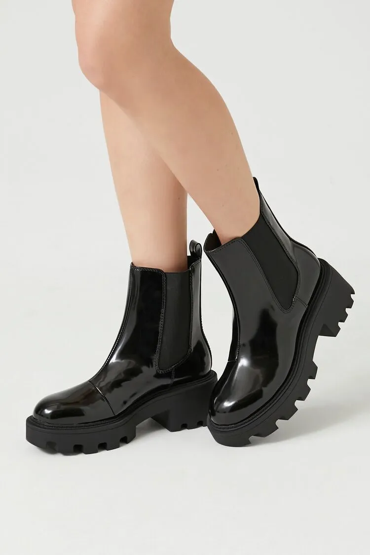 Faux Patent Leather Lug-Sole Booties