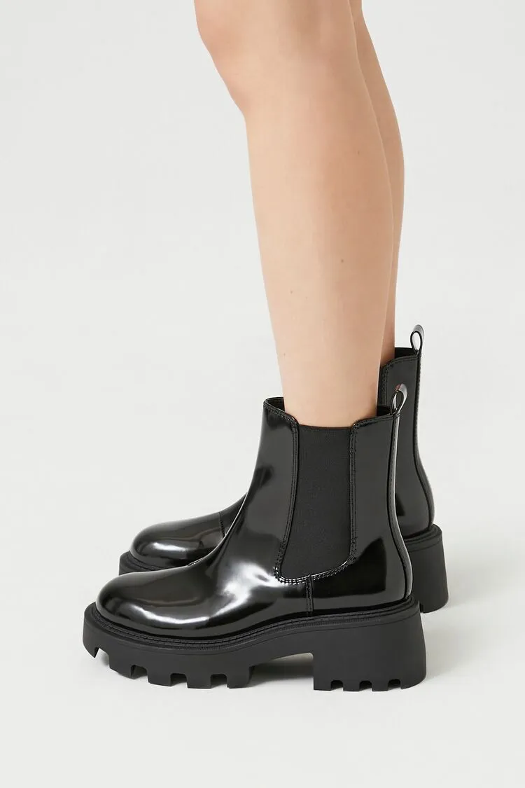 Faux Patent Leather Lug-Sole Booties