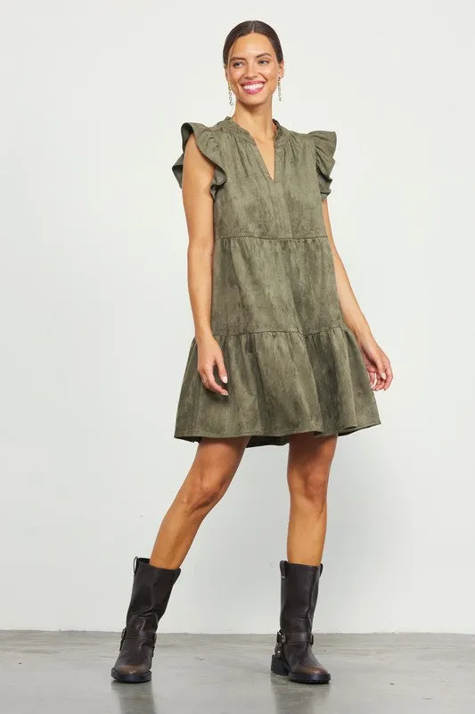 Faux Suede Tiered Mini Dress - Olive