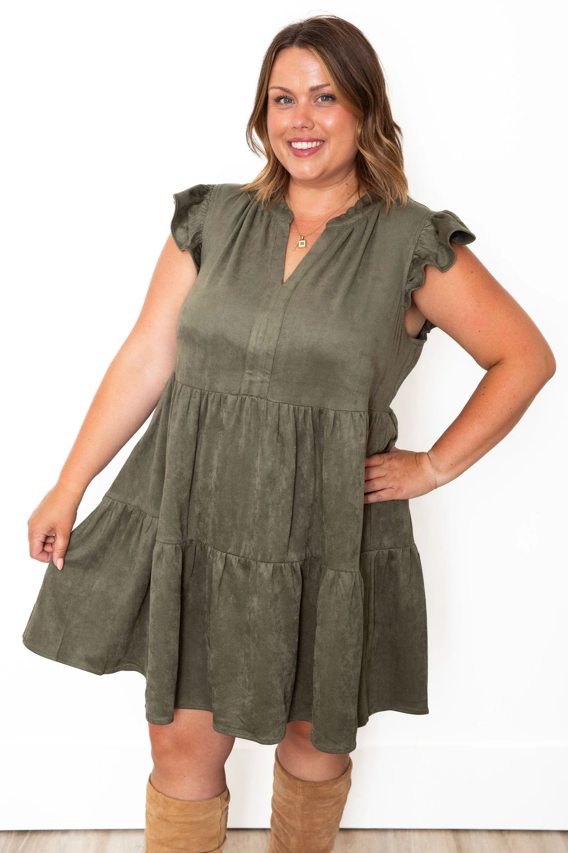 Faux Suede Tiered Mini Dress - Olive